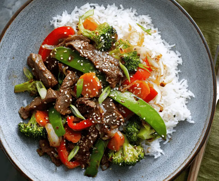 Delicious 30-minute beef stir fry with colorful vegetables in a sizzling skillet, ready to serve