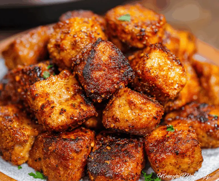 Golden-brown Air Fryer Pork Chop Bites served with dipping sauce on a plate, crispy and delicious appetizer or snack