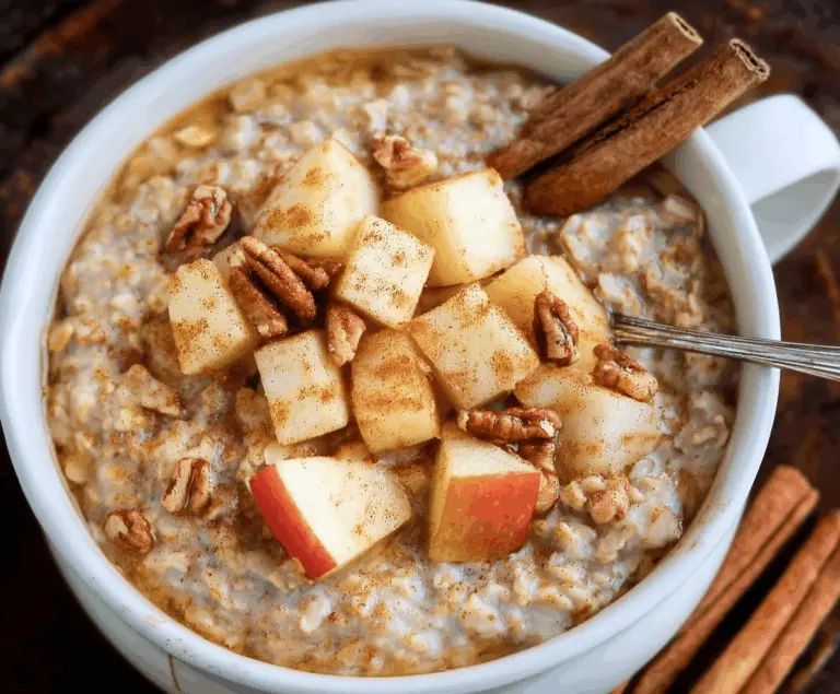 Creamy apple cinnamon oatmeal porridge topped with fresh apple slices and a sprinkle of cinnamon, served in a rustic bowl for a warm breakfast
