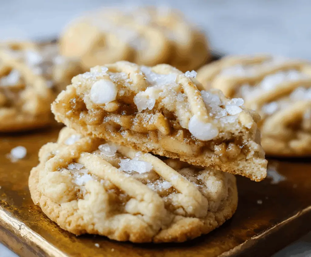 Delicious homemade apple pie cookies with golden crust and cinnamon-spiced apple filling on a rustic wooden table
