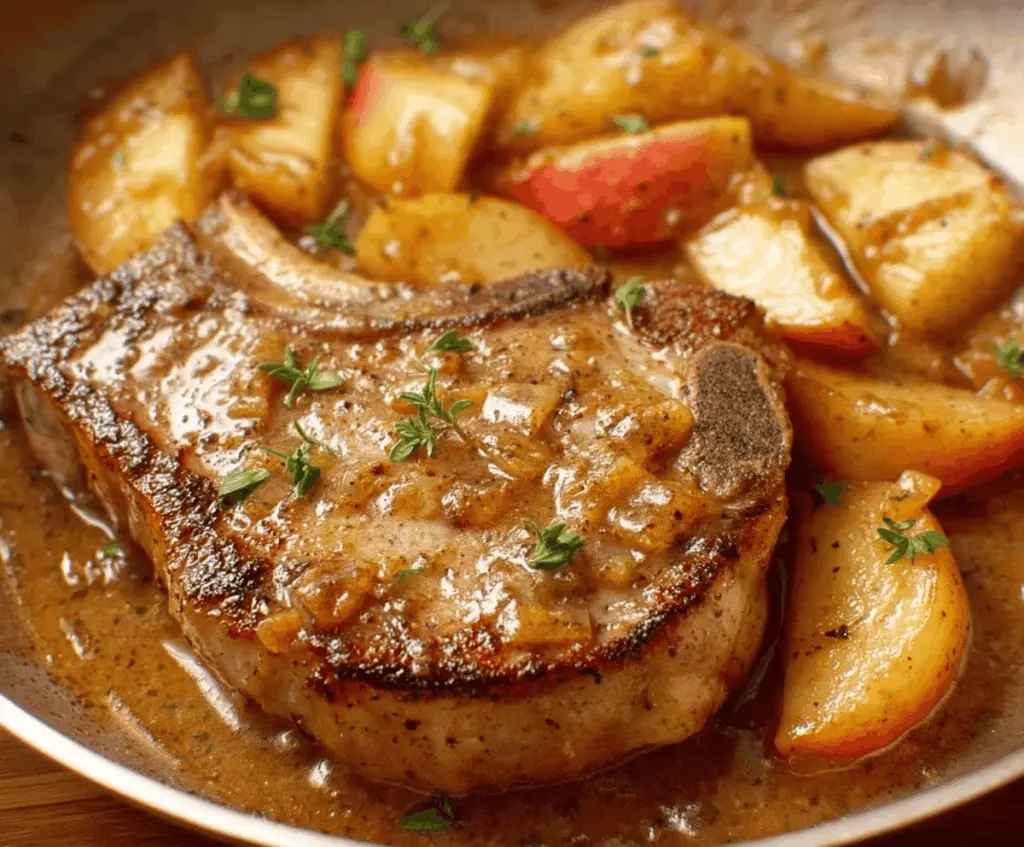 Juicy apple pork chops served on a plate with fresh apple slices and herbs, perfect for a savory and sweet dinner