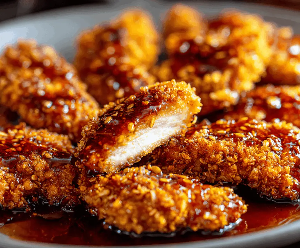 Golden baked crunchy hot honey chicken served on a plate with a crispy exterior and drizzled with spicy honey sauce, perfect for a flavorful meal.