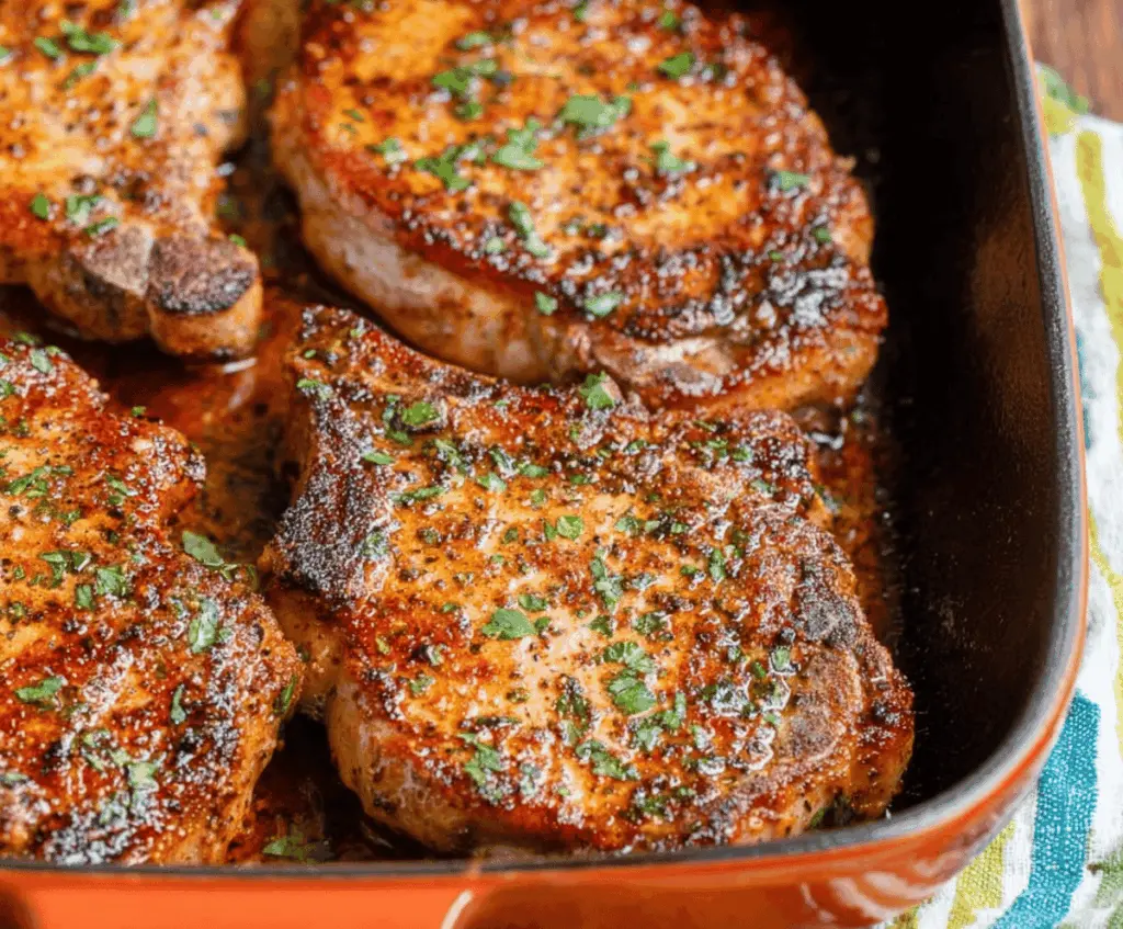 Juicy baked ranch pork chops with crispy edges served on a plate, garnished with herbs, perfect for a flavorful dinner