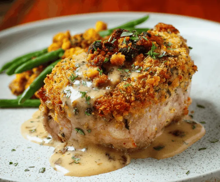 Juicy baked stuffed pork chops filled with cheese and herbs, served on a white plate with a side of vegetables