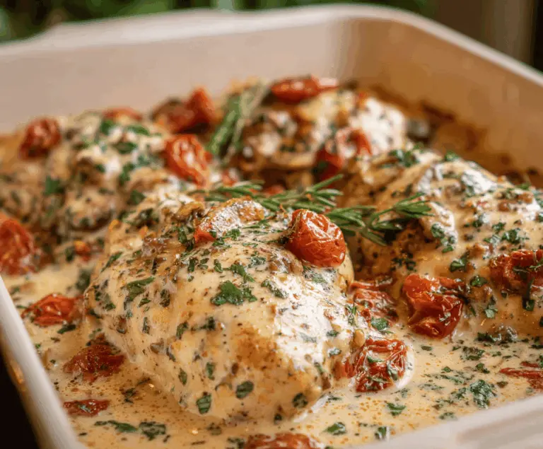 Creamy Baked Tuscan Chicken Casserole with spinach, sun-dried tomatoes, and melted cheese served in a baking dish
