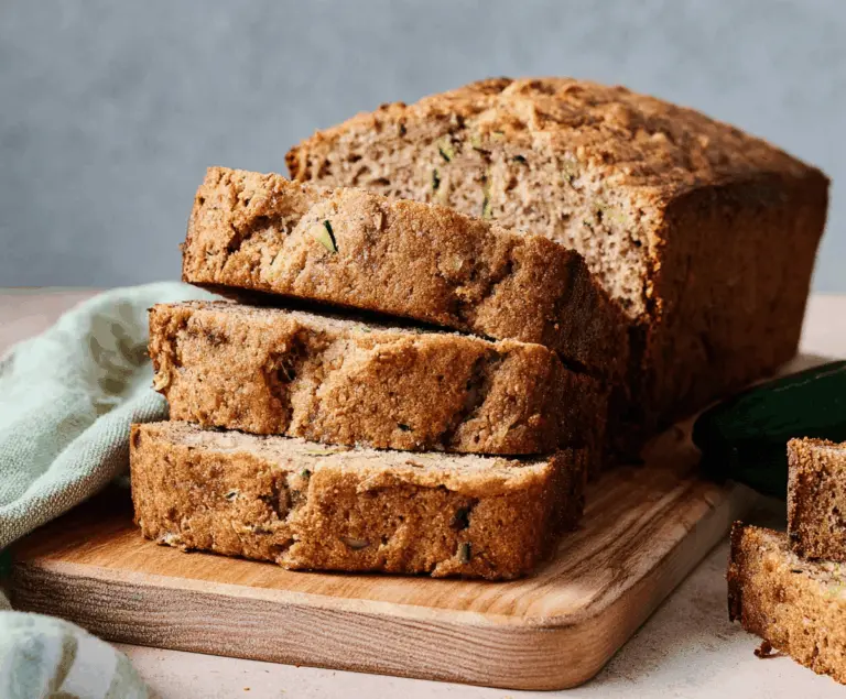 Homemade bakery-style zucchini bread with golden crust and moist interior, topped with walnuts and a sprinkle of powdered sugar