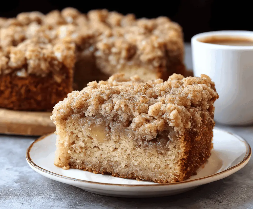 Delicious banana crumb coffee cake with a golden streusel topping and moist banana flavor on a plate