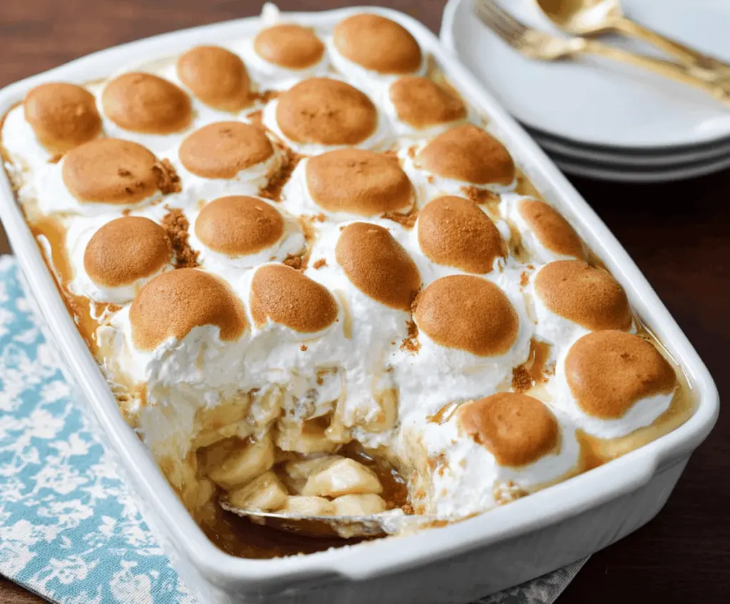 Delicious Banana's Foster Banana Pudding topped with caramelized bananas and whipped cream, perfect for dessert lovers