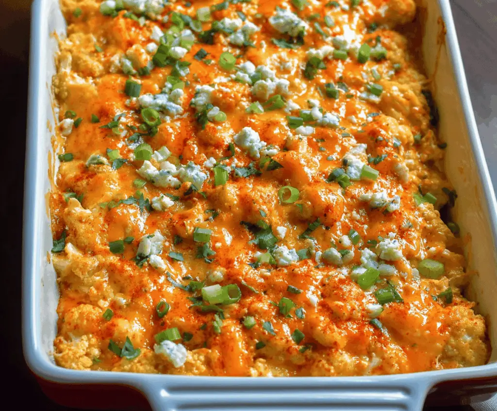 Creamy Buffalo Chicken Cauliflower Casserole topped with melted cheese and fresh herbs, a low-carb spicy comfort food dish.