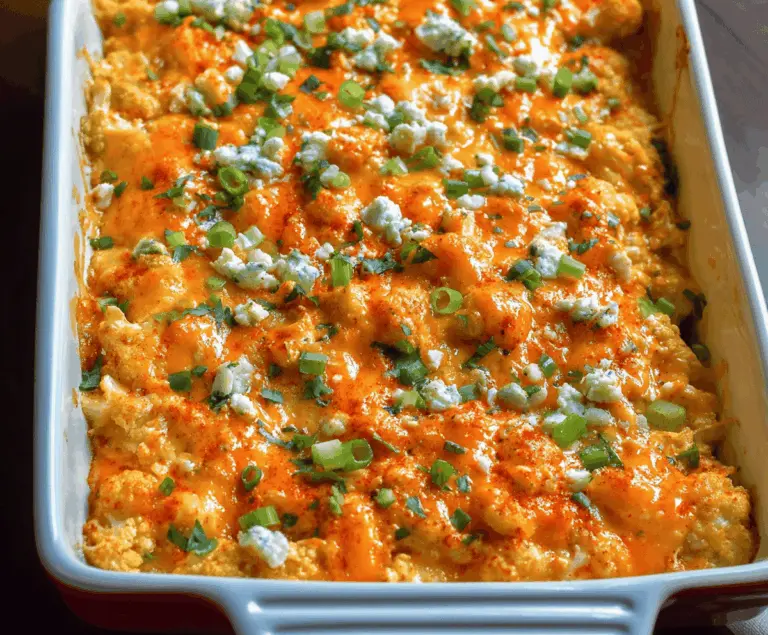 Creamy Buffalo Chicken Cauliflower Casserole topped with melted cheese and fresh herbs, a low-carb spicy comfort food dish.