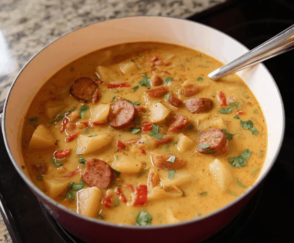 Creamy Cajun Potato Soup served in a bowl with garnishes, perfect for a comforting and spicy meal