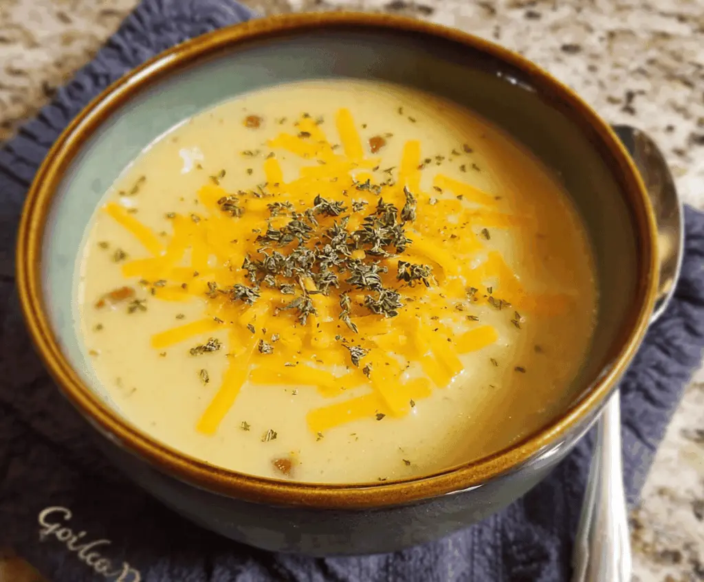 Creamy cheddar garlic herb potato soup in a bowl with fresh herbs and melted cheese, perfect for a comforting meal