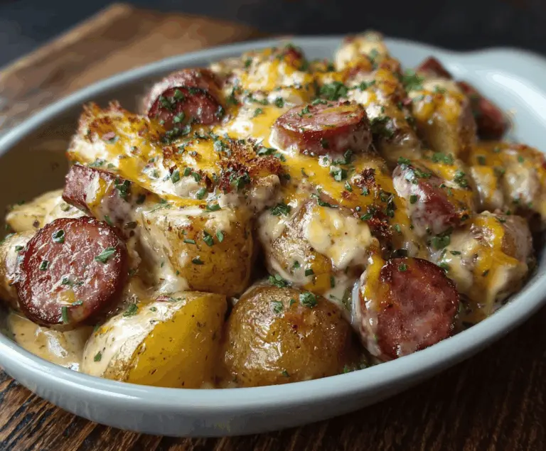 Creamy Cheesy Ranch Potatoes with Smoked Sausage served in a bowl, topped with fresh herbs, perfect for a hearty and flavorful meal.