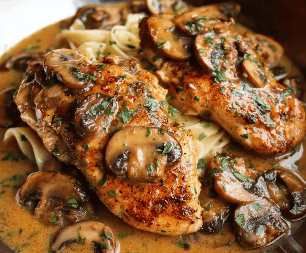 Succulent Chicken Marsala served with sautéed mushrooms and a flavorful Marsala wine sauce on a dinner plate