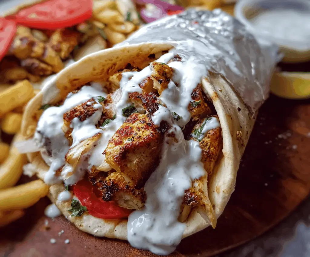 Delicious Chicken Shawarma served with creamy garlic sauce on a plate, garnished with fresh herbs and vegetables.
