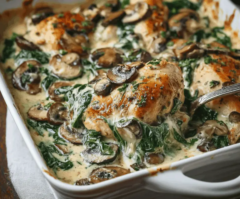 Delicious chicken, spinach, and mushroom low-carb bake served in a white dish, featuring a golden-brown crust and fresh green spinach