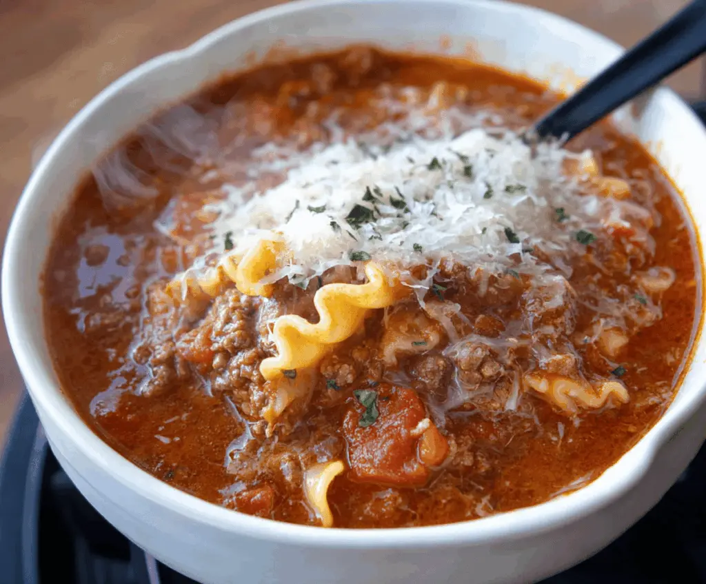 A steaming bowl of classic lasagna soup topped with melted cheese, fresh basil, and a sprinkle of Parmesan, served with bread on the side.