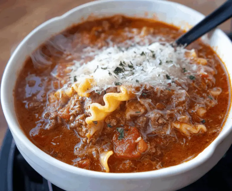 A steaming bowl of classic lasagna soup topped with melted cheese, fresh basil, and a sprinkle of Parmesan, served with bread on the side.