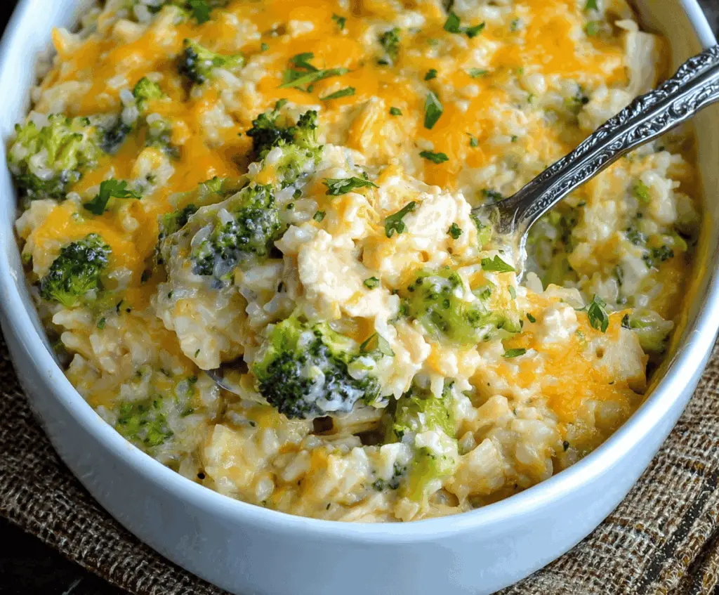 Creamy chicken broccoli rice cheese casserole topped with melted golden cheese, served in a baking dish, perfect for a comforting family meal.