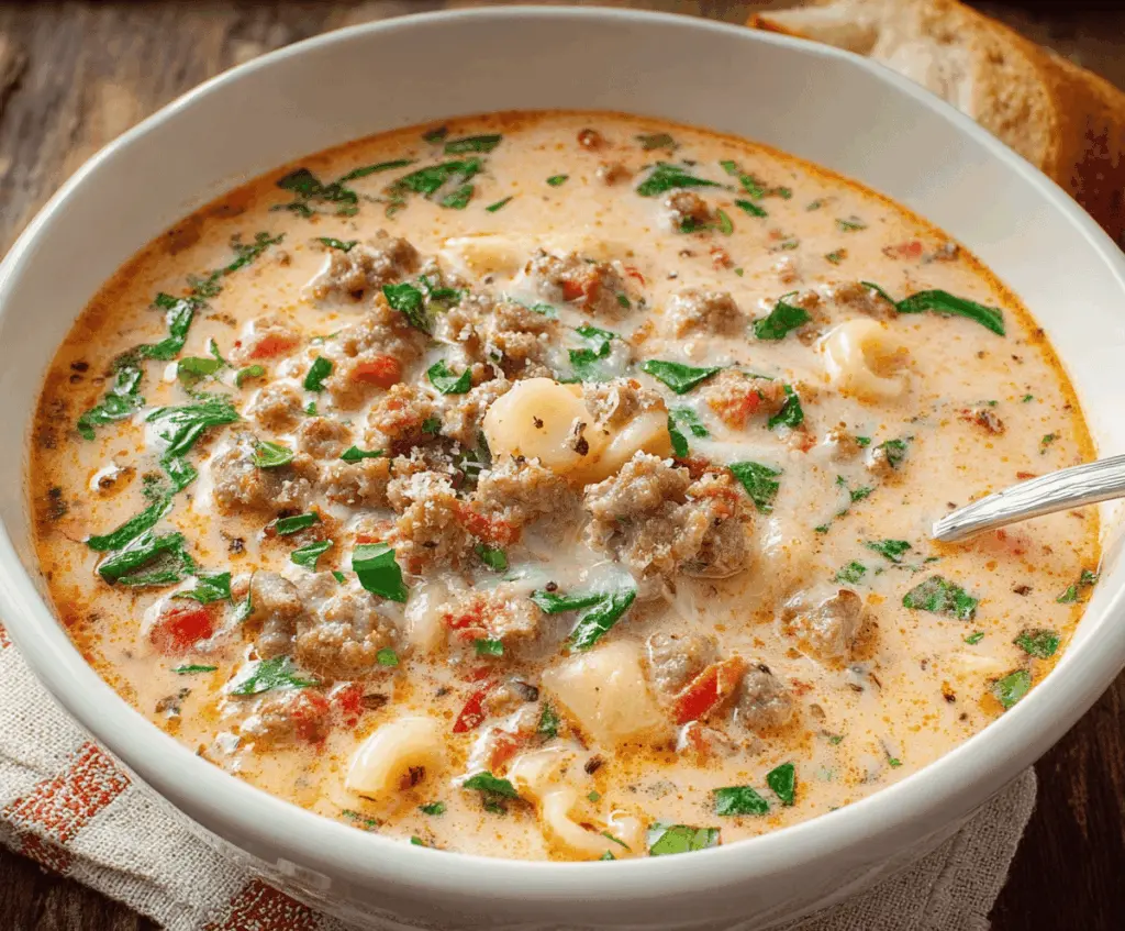 Creamy Parmesan Italian Sausage Soup served in a bowl with fresh herbs and melted cheese on top, featuring sausage, vegetables, and a rich broth