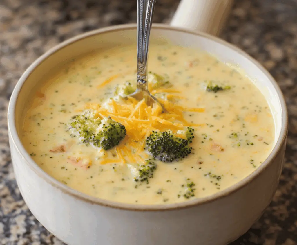 A bowl of creamy potato, broccoli, and cheddar cheese soup garnished with fresh herbs, served alongside crusty bread.