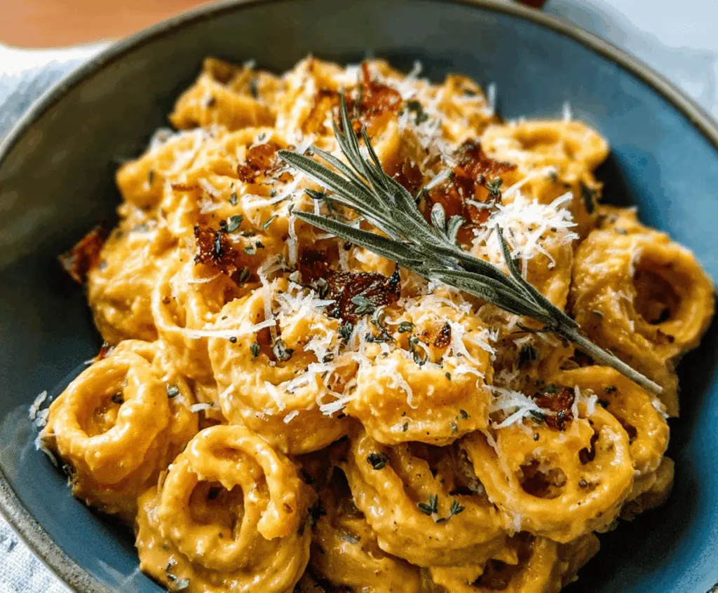 Creamy roasted garlic butternut squash pasta served in a bowl with fresh herbs, highlighting a delicious autumn-inspired vegetarian dish