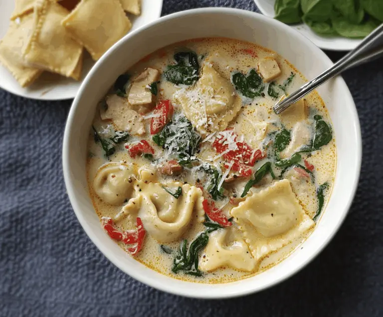 Creamy Tuscan Ravioli Soup with spinach, sun-dried tomatoes, and parmesan cheese in a bowl