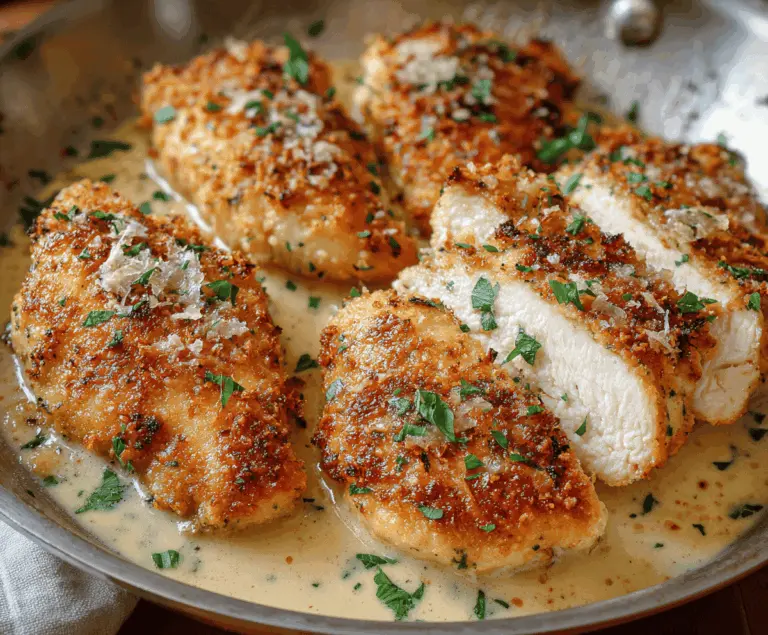 Golden-brown crispy Parmesan chicken served on a plate, garnished with fresh herbs and grated Parmesan cheese, perfect for a flavorful dinner.