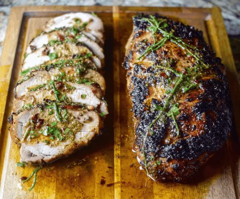 Juicy Cuban Mojo Marinated Pork topped with fresh herbs and citrus slices, ready for grilling or roasting.