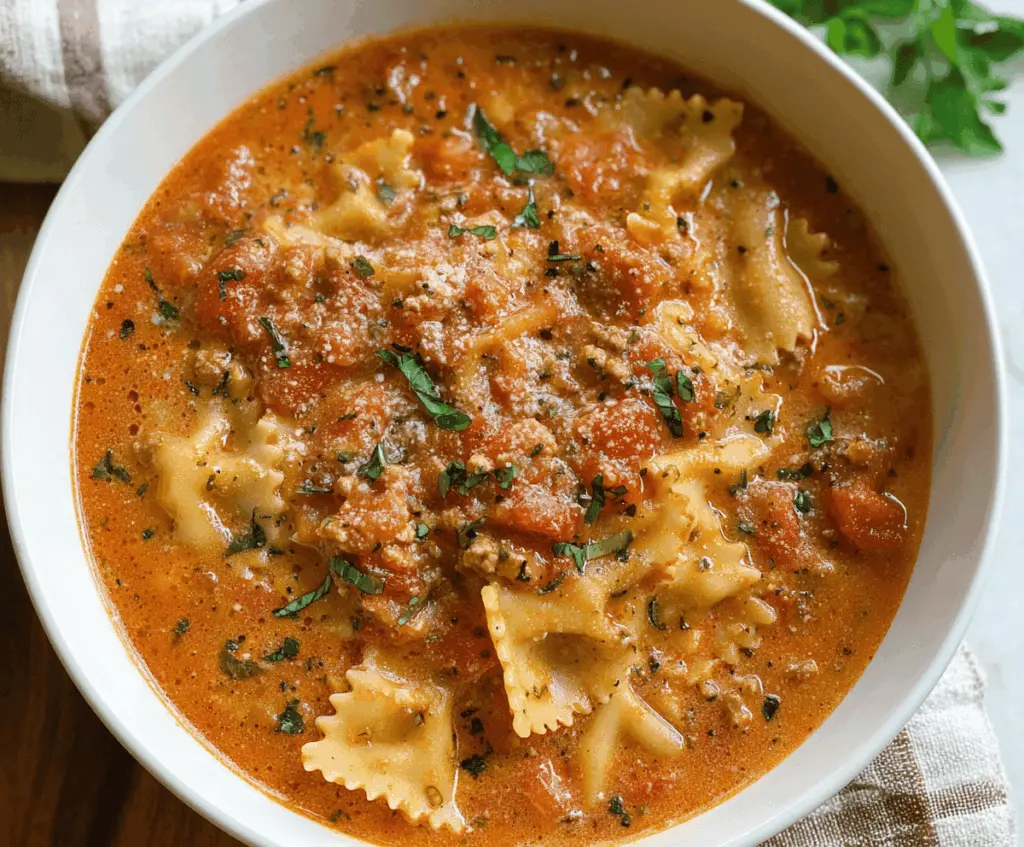 Delicious dairy-free lasagna soup in a bowl with melted dairy-free cheese, fresh basil, and pasta, perfect for a hearty and allergy-friendly meal.