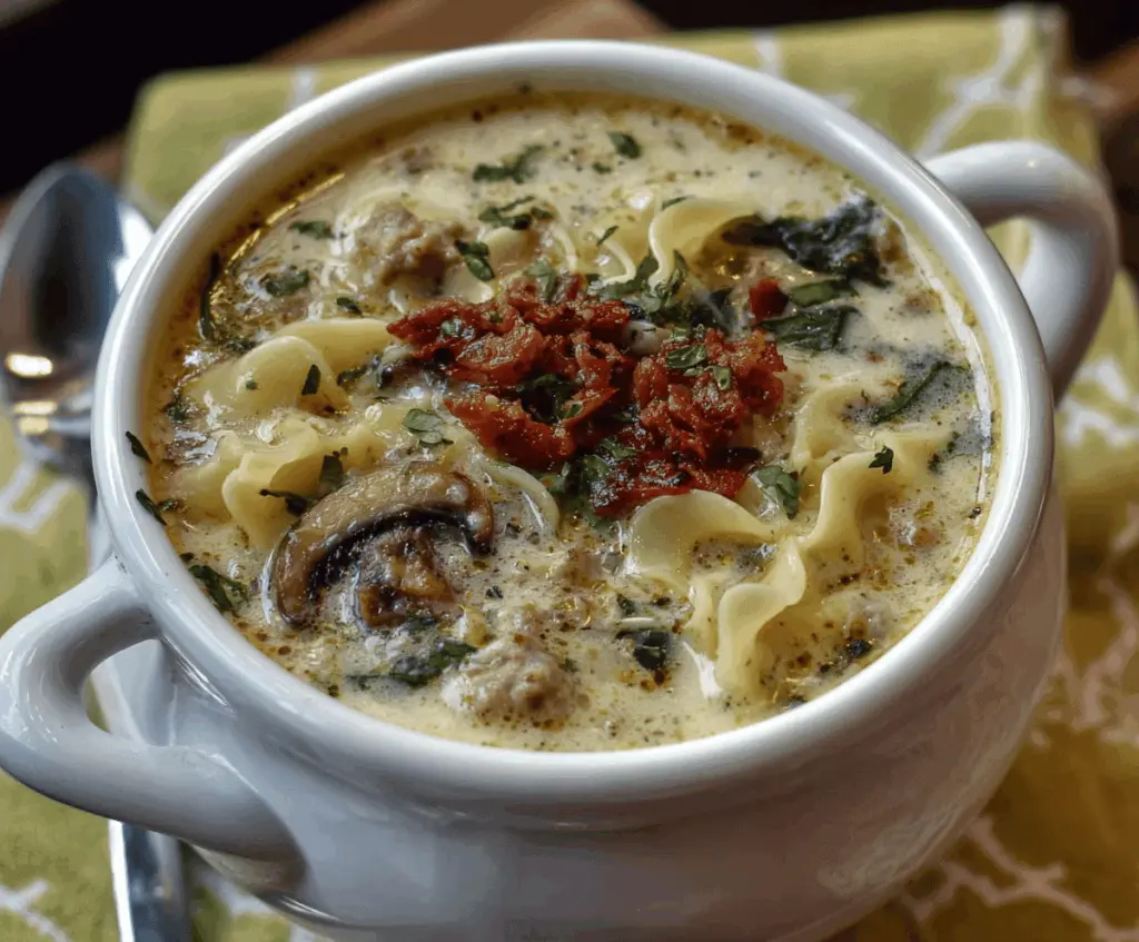 Creamy Alfredo Lasagna Soup in a bowl topped with melted cheese and fresh herbs, showcasing a rich and indulgent Italian-inspired comfort food