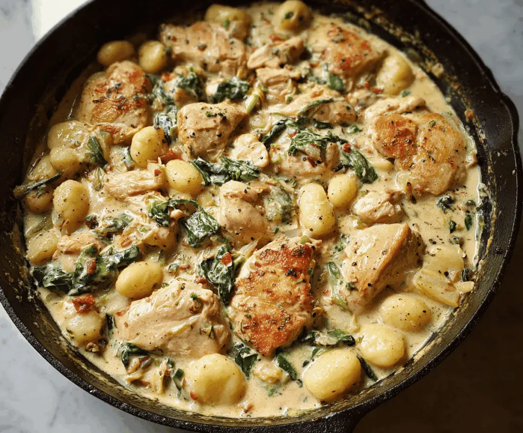 Delicious garlic chicken gnocchi skillet with crispy chicken, golden gnocchi, and fresh herbs on a rustic wooden table