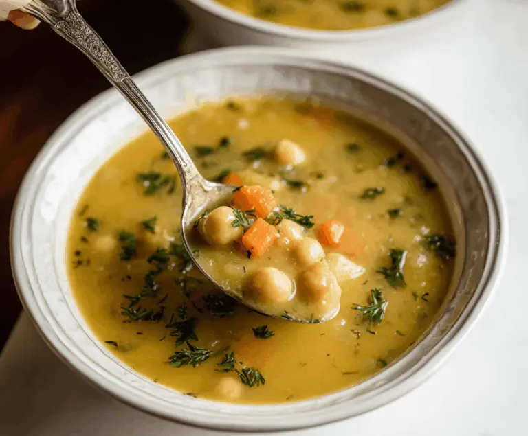 Creamy garlic chickpea soup garnished with fresh herbs and a lemon wedge in a bowl on a rustic wooden table