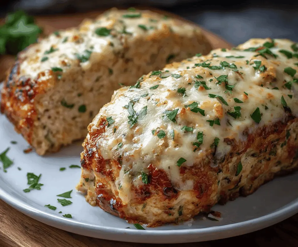 Juicy Garlic Parmesan Chicken Meatloaf sliced and served with fresh herbs on a white plate, showcasing a savory, cheesy, and flavorful comfort food dish.