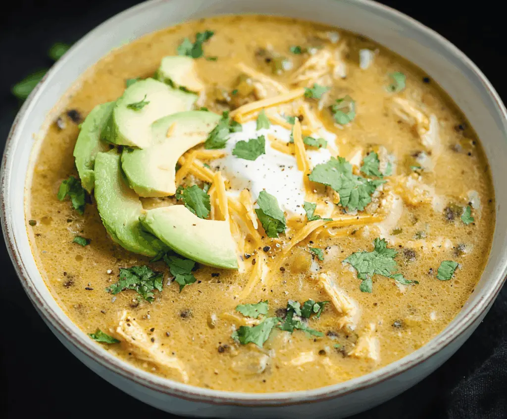 A bowl of Green Enchilada Chicken Soup topped with shredded cheese, fresh cilantro, and sliced jalapenos, showcasing a vibrant and hearty Mexican-inspired dish.