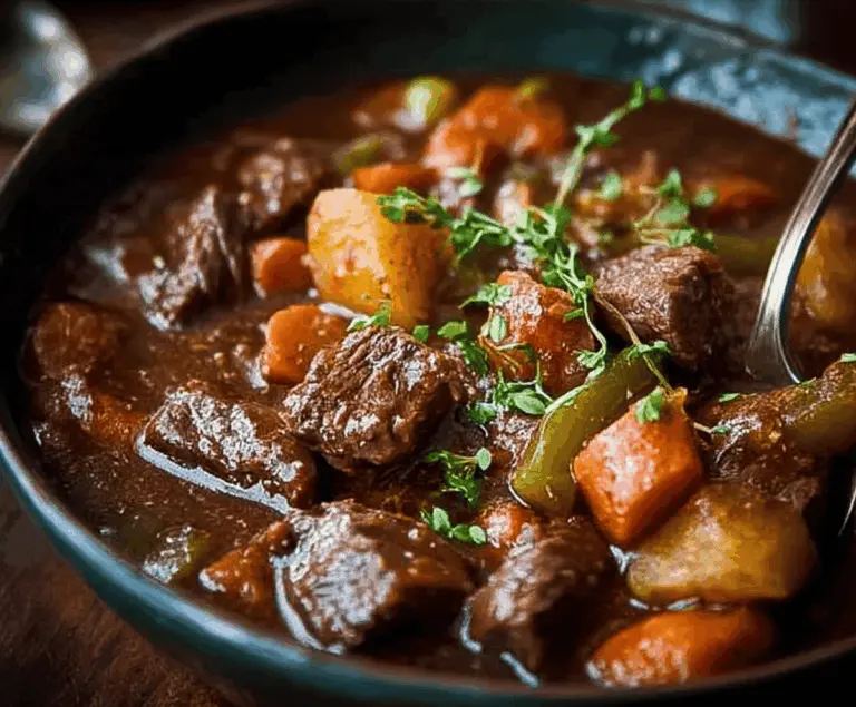 Hearty Guinness Irish Beef Stew with tender beef chunks, carrots, potatoes, and herbs in a rich, savory broth served in a rustic bowl.