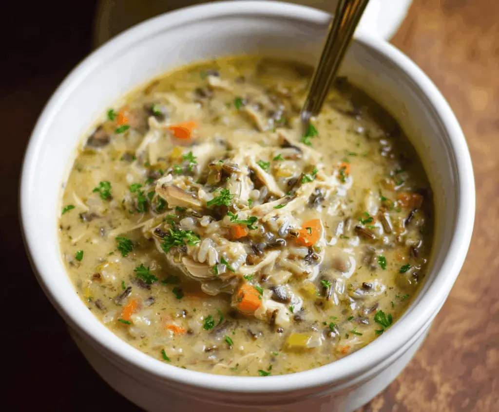 A bowl of hearty Healthy Chicken Wild Rice Soup featuring tender chicken, wild rice, and fresh vegetables in a creamy broth.