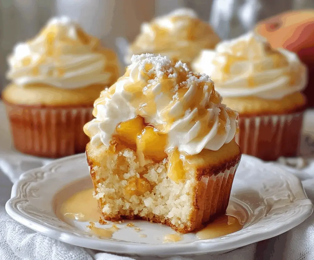 Delicious honey peach cream cheese cupcakes topped with fresh peach slices and a drizzle of honey on a decorative plate