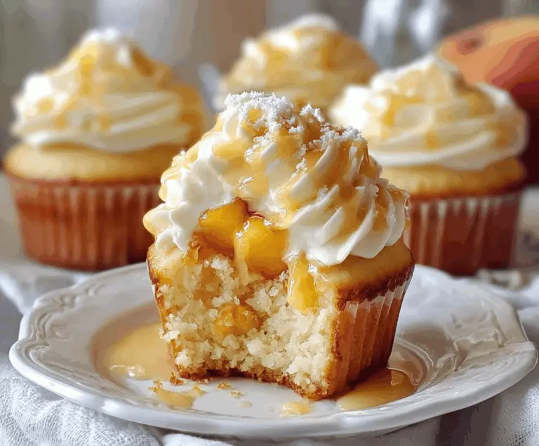 Delicious honey peach cream cheese cupcakes topped with fresh peach slices and a drizzle of honey on a decorative plate