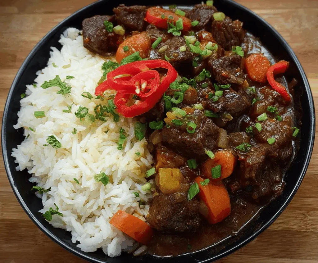Delicious Jamaican Beef Stew served with fluffy rice, featuring tender beef, flavorful spices, and vibrant garnishes for a hearty Caribbean meal.