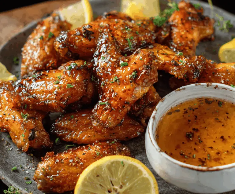 Juicy lemon pepper wings drizzled with honey on a plate, garnished with lemon slices and fresh herbs, perfect for a flavorful appetizer or main dish.