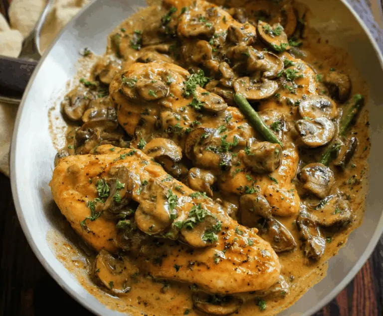 Creamy mushroom chicken dish with tender chicken breasts and sautéed mushrooms garnished with fresh herbs on a white plate.