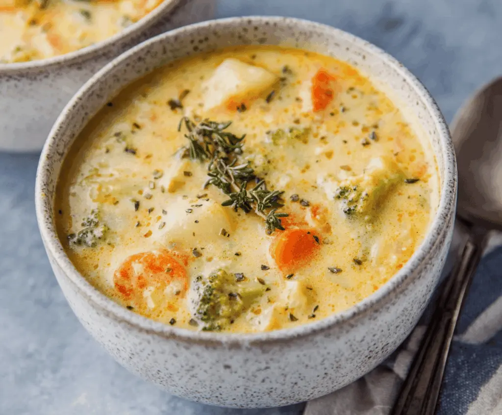 Creamy vegetable soup in a pot, featuring colorful fresh vegetables and herbs, served as a warm, hearty one-pot meal.