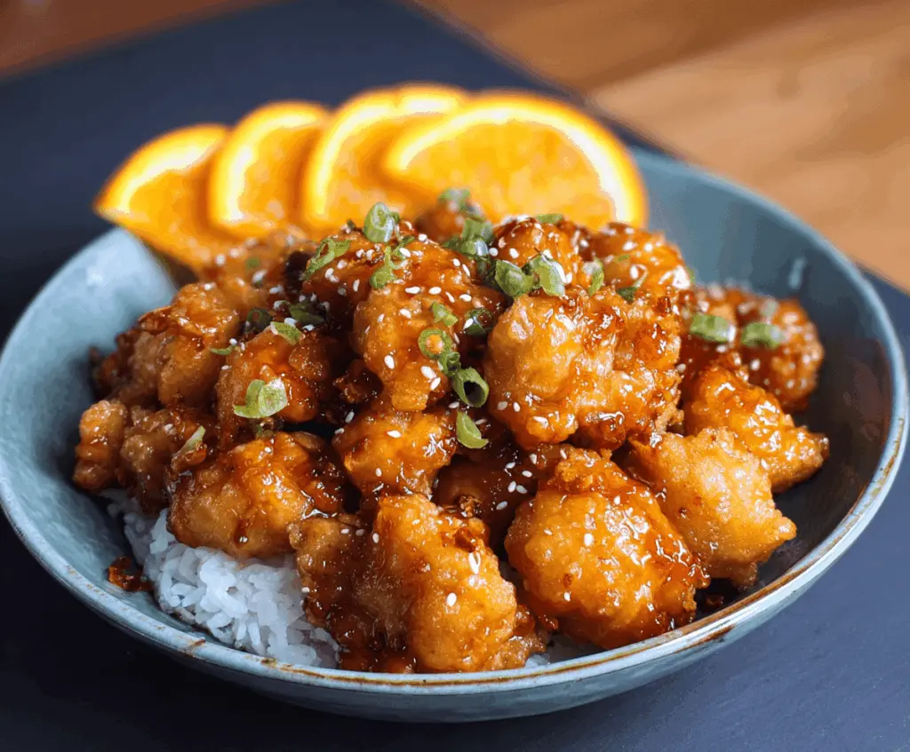 Delicious homemade orange chicken served with steamed rice and garnished with orange slices and green onions.