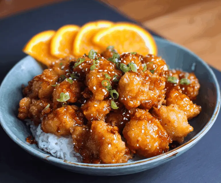 Delicious homemade orange chicken served with steamed rice and garnished with orange slices and green onions.