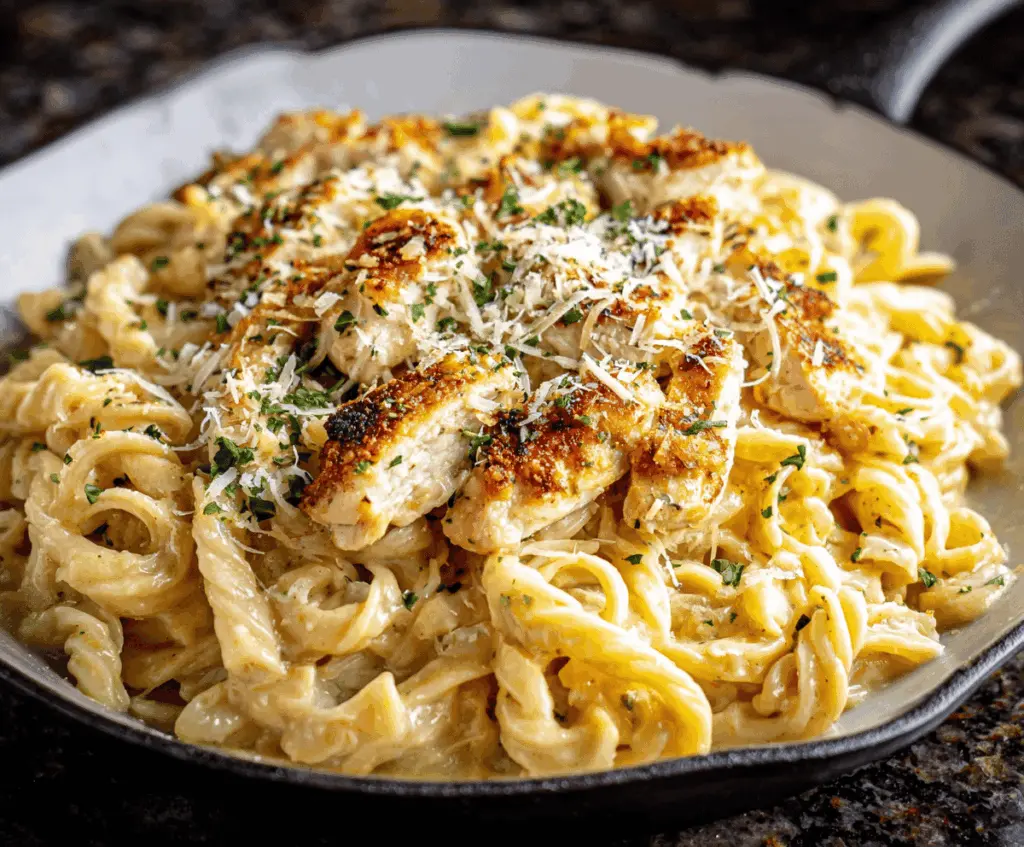 Creamy Parmesan Chicken Pasta dish featuring tender chicken, al dente pasta, and melted Parmesan cheese topped with fresh herbs.