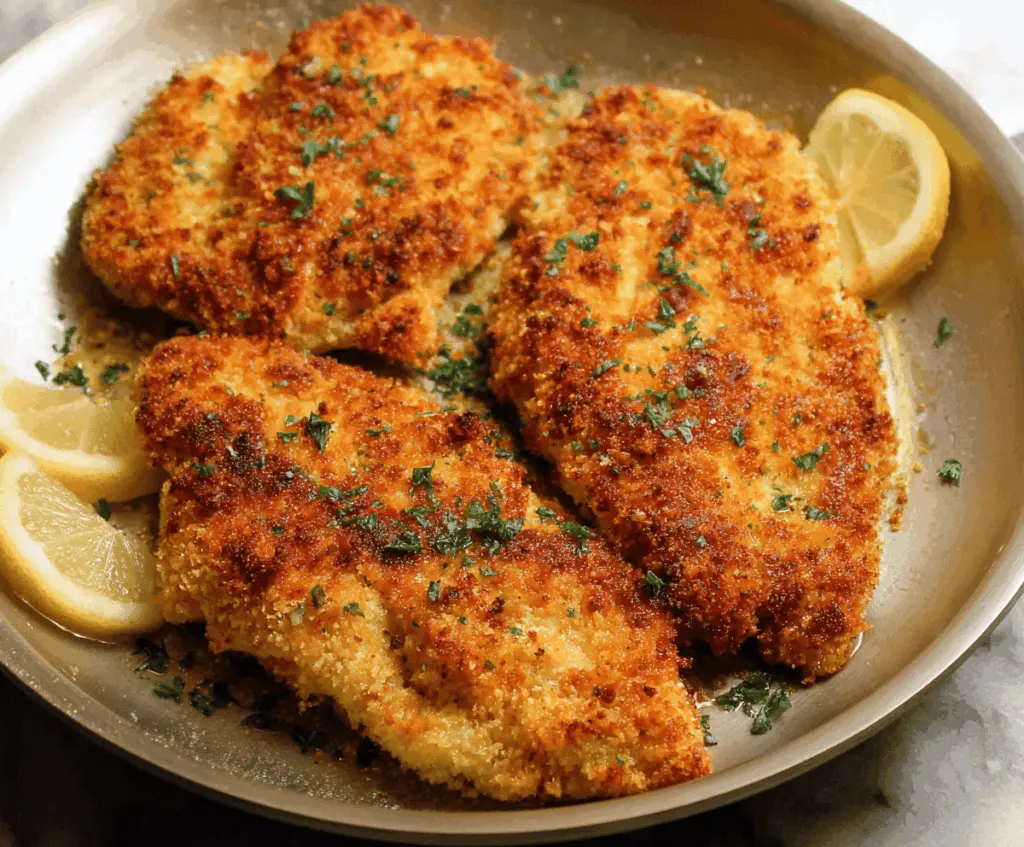 Golden Parmesan Crusted Chicken breast garnished with fresh herbs on a white plate, showcasing a crispy, cheesy exterior perfect for a delicious and hearty meal.