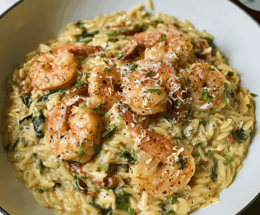 Creamy Parmesan Orzo with Juicy Shrimp served on a white plate, garnished with fresh herbs, perfect for a flavorful seafood pasta dish