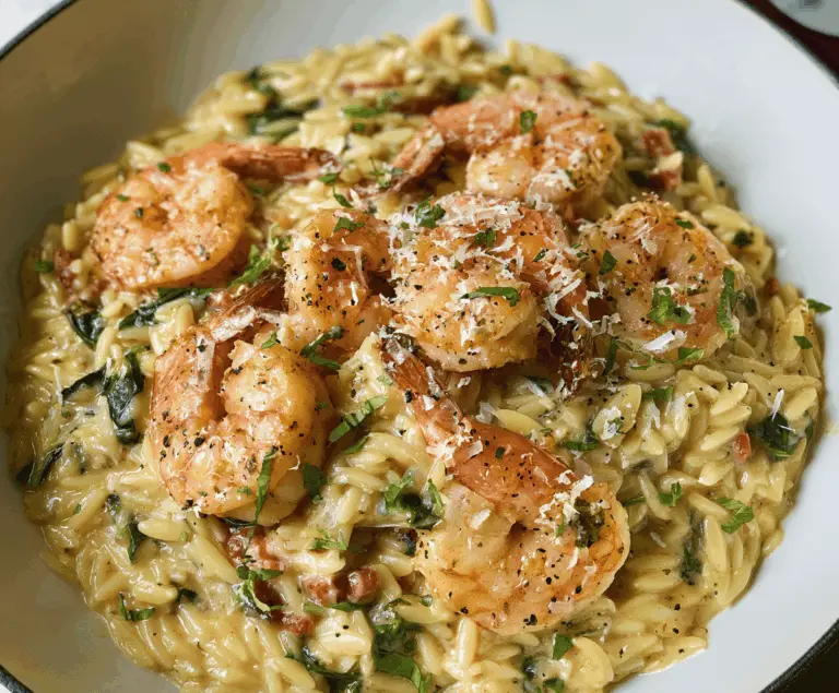 Creamy Parmesan Orzo with Juicy Shrimp served on a white plate, garnished with fresh herbs, perfect for a flavorful seafood pasta dish