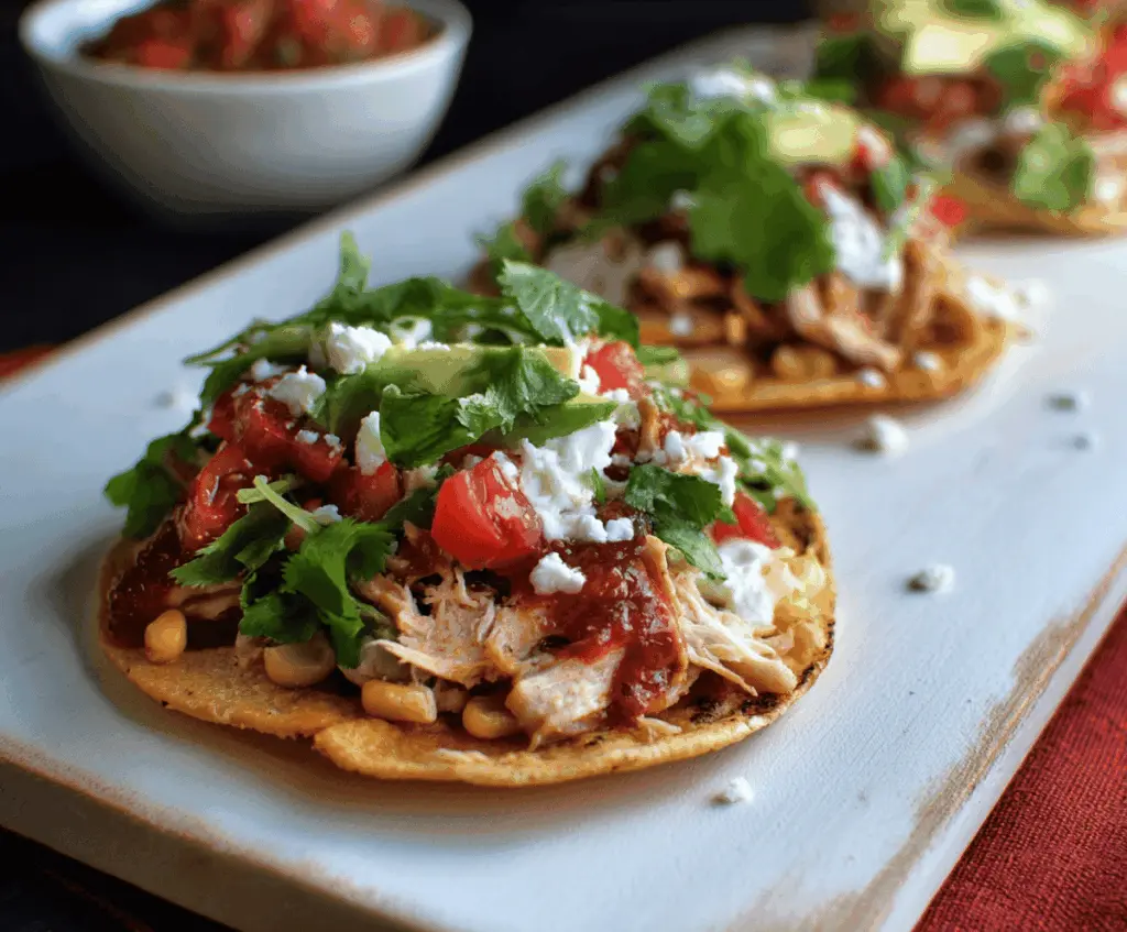 Delicious rotisserie chicken tostadas topped with fresh lettuce, diced tomatoes, shredded cheese, and sour cream on a crispy tostada shell
